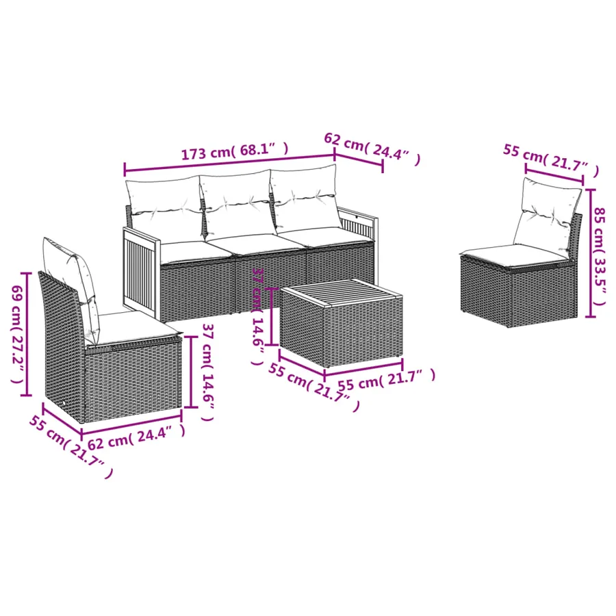 Ensemble de canapé de jardin 6 pcs avec coussins gris résine tressée - 7
