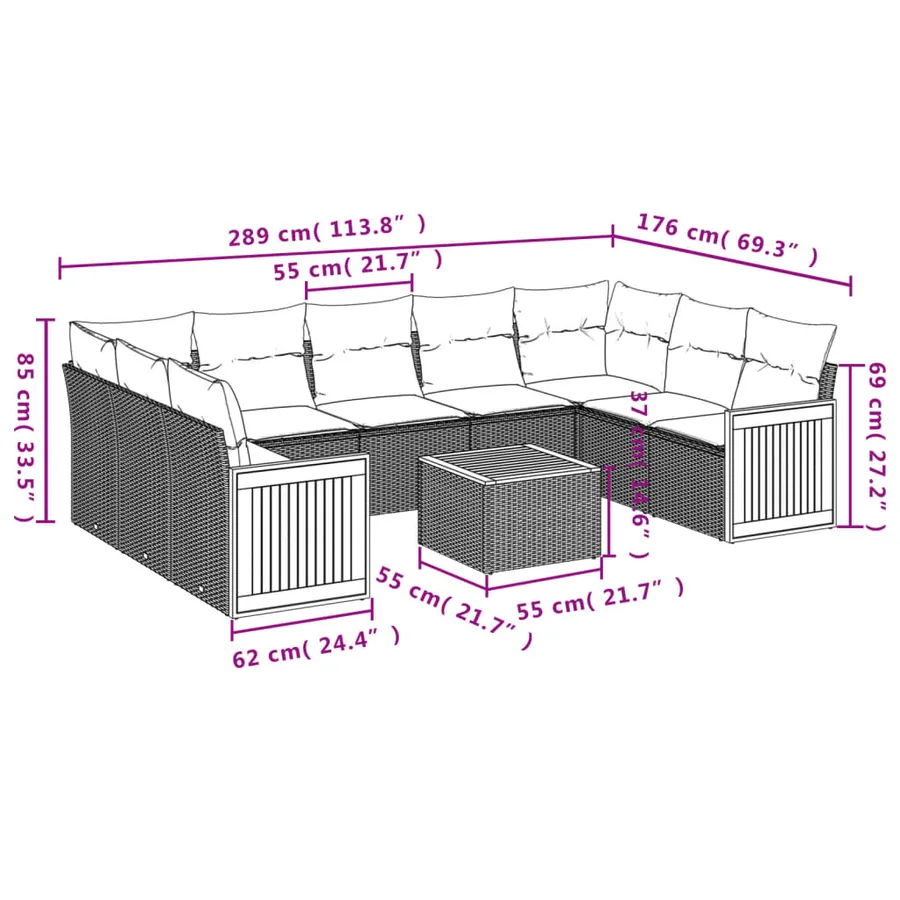 Ensemble de canapé de jardin 10 pcs avec coussins gris résine tressée - 8