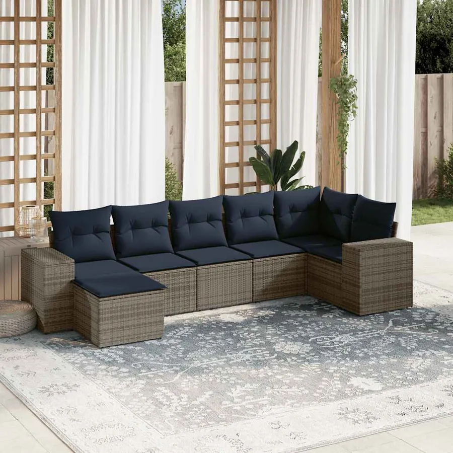 Ensemble de canapé de jardin 7 pcs avec coussins gris résine tressée