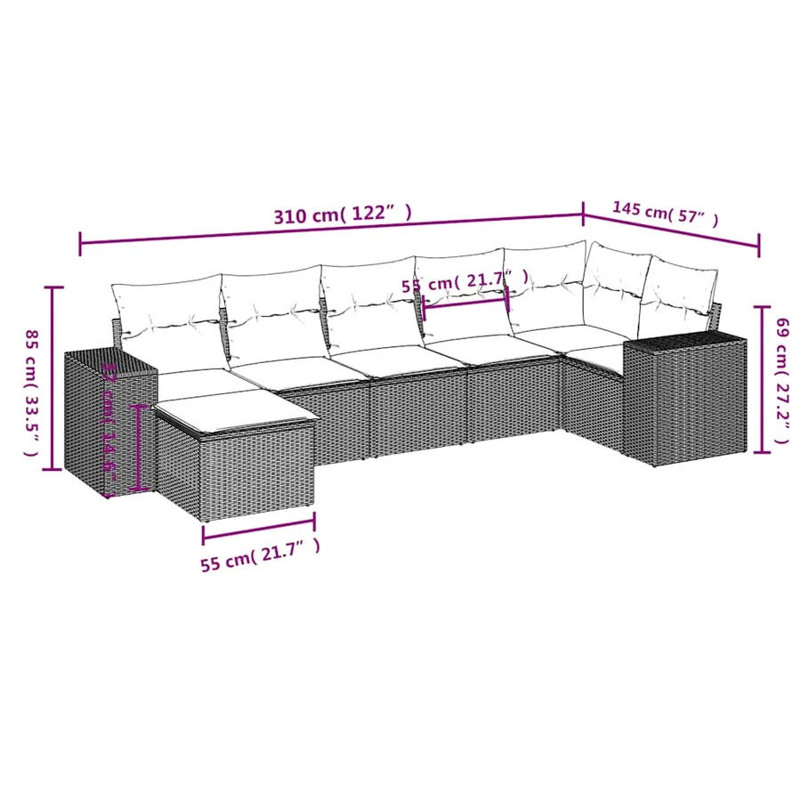 Ensemble de canapé de jardin 7 pcs avec coussins gris résine tressée - 8