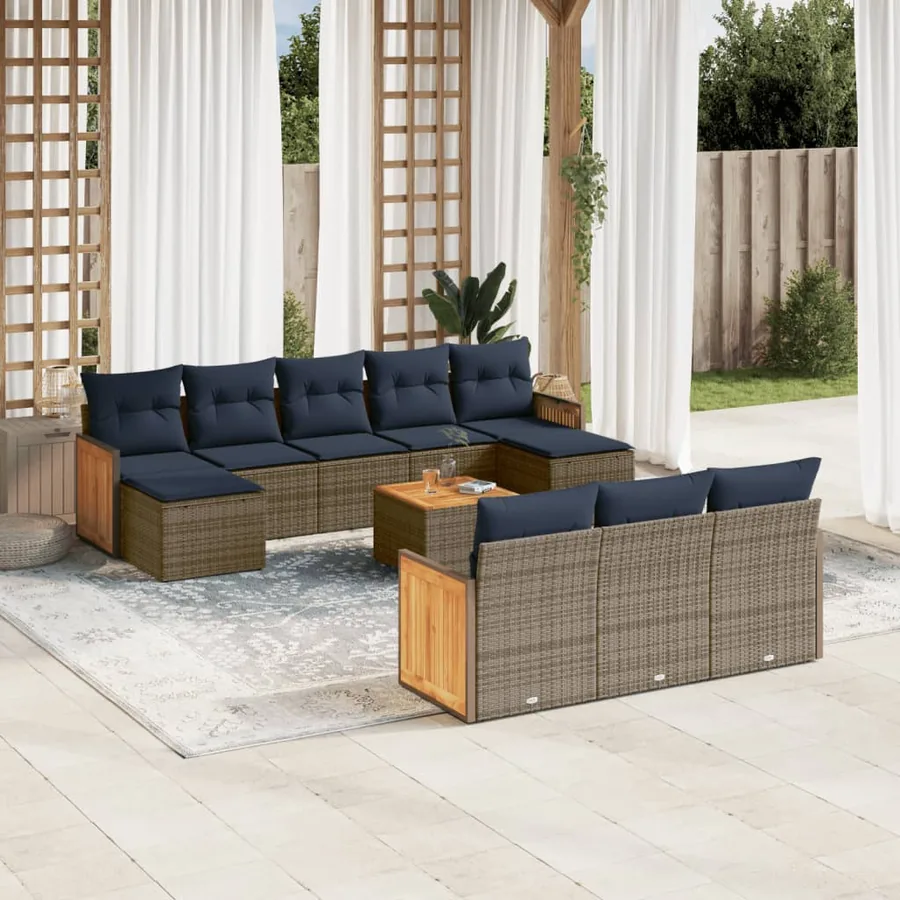 Ensemble de canapé de jardin 11 pcs avec coussins gris résine tressée
