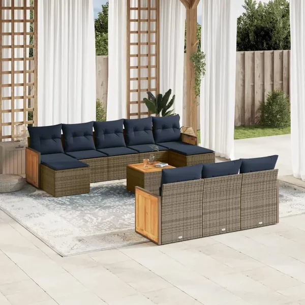 Ensemble de canapé de jardin 11 pcs avec coussins gris résine tressée