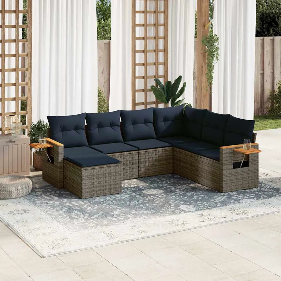 Salon de jardin 7 pcs avec coussins gris résine tressée