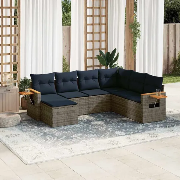 Salon de jardin 7 pcs avec coussins gris résine tressée