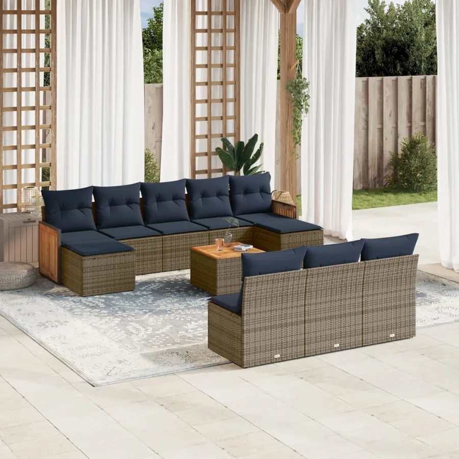 Ensemble de canapé de jardin 11 pcs avec coussins gris résine tressée