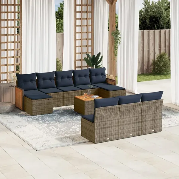 Ensemble de canapé de jardin 11 pcs avec coussins gris résine tressée