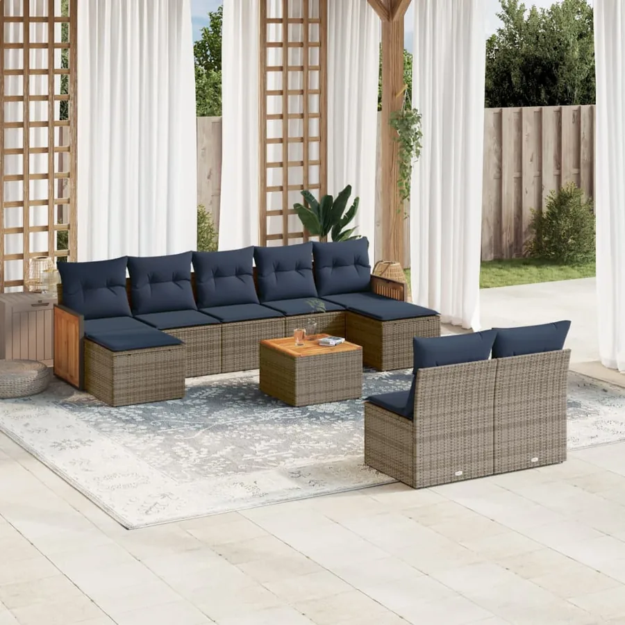 Ensemble de canapé de jardin 10 pcs avec coussins gris résine tressée