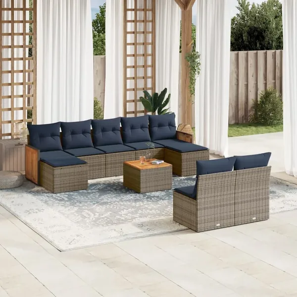 Ensemble de canapé de jardin 10 pcs avec coussins gris résine tressée