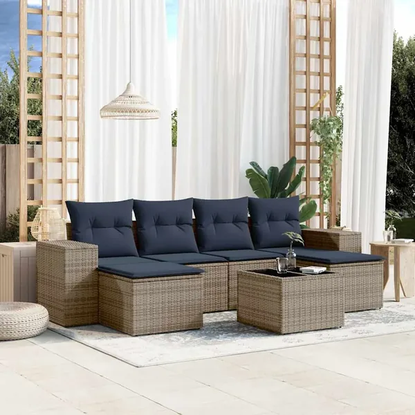 Ensemble de canapé de jardin 7 pcs avec coussins gris résine tressée