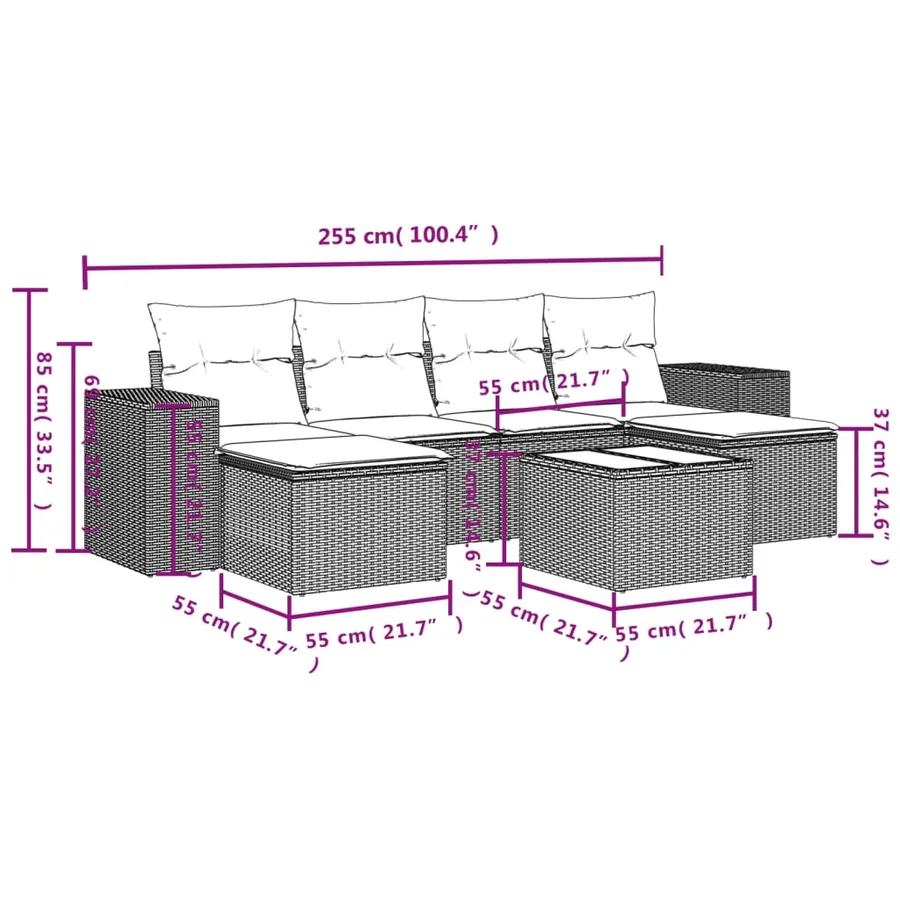 Ensemble de canapé de jardin 7 pcs avec coussins gris résine tressée - 9