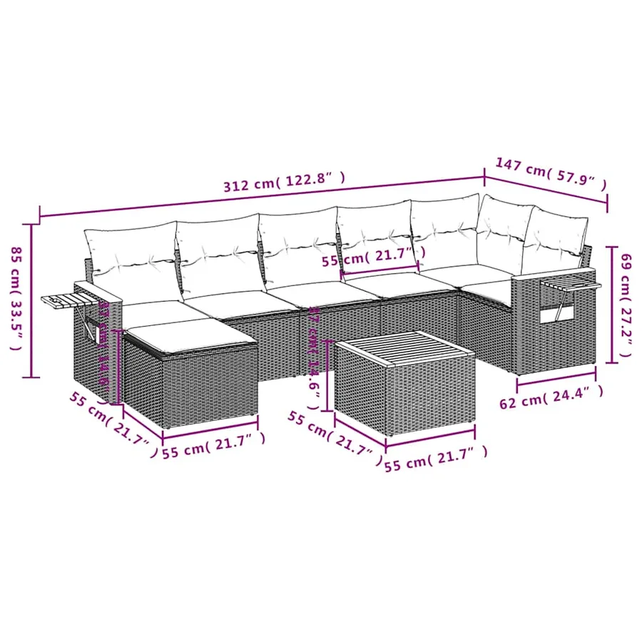 Salon de jardin 8 pcs avec coussins gris résine tressée - 10