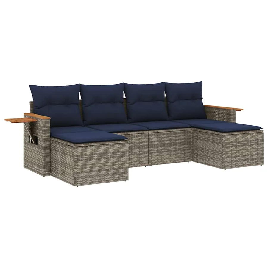 Salon de jardin 6 pcs avec coussins gris résine tressée - 2