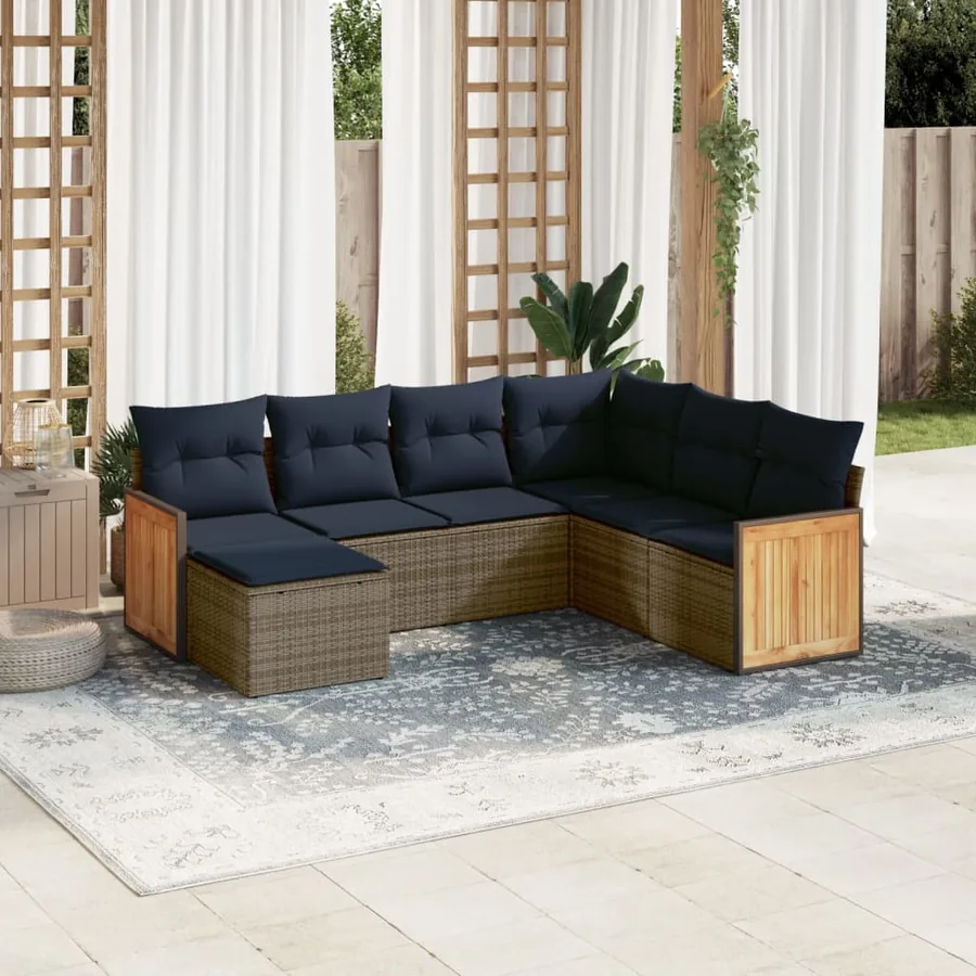 Ensemble de canapé de jardin 7 pcs avec coussins gris résine tressée