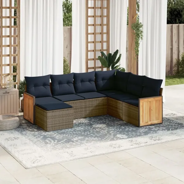 Ensemble de canapé de jardin 7 pcs avec coussins gris résine tressée