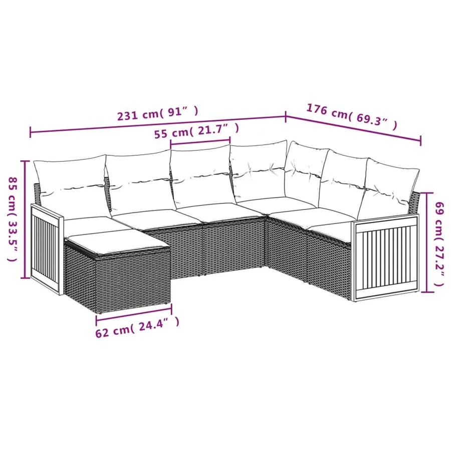 Ensemble de canapé de jardin 7 pcs avec coussins gris résine tressée - 8