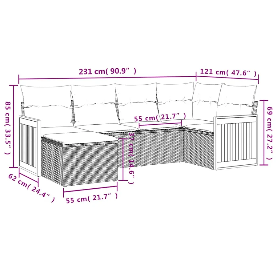 Ensemble de canapé de jardin 6 pcs avec coussins gris résine tressée - 8