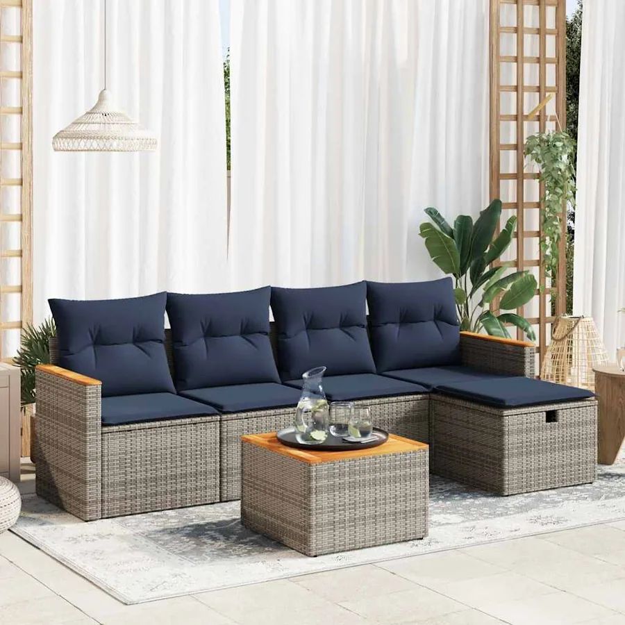 Salon de jardin 6 pcs avec coussins gris résine tressée
