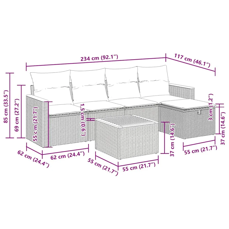 Salon de jardin 6 pcs avec coussins gris résine tressée - 13