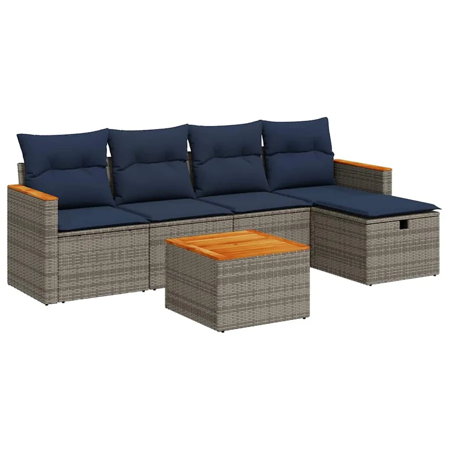 Salon de jardin 6 pcs avec coussins gris résine tressée - 2