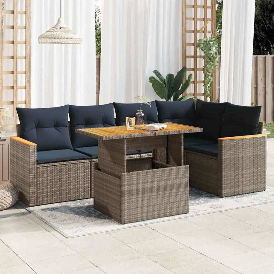 Salon de jardin 6 pcs avec coussins gris résine tressée