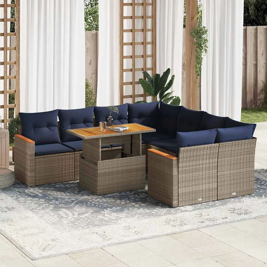 Salon de jardin 9 pcs avec coussins gris résine tressée