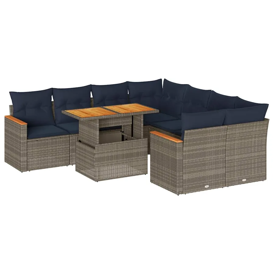 Salon de jardin 9 pcs avec coussins gris résine tressée - 2