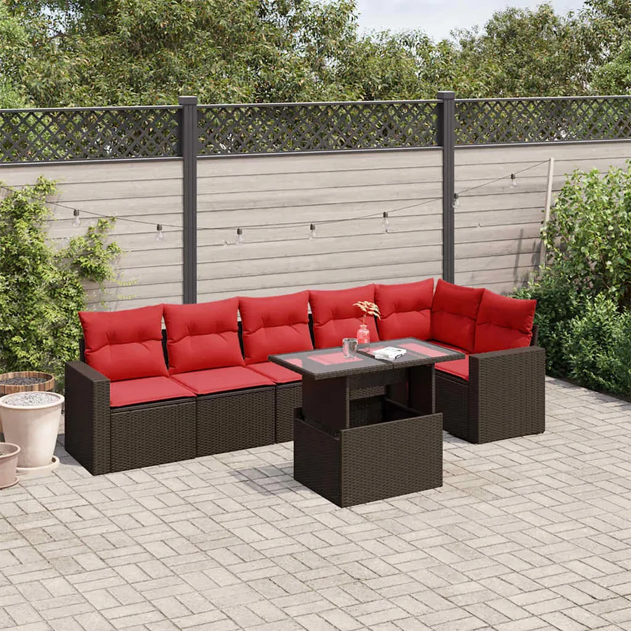 Ensemble de canapé de jardin 7 pcs avec coussins marron résine tressée