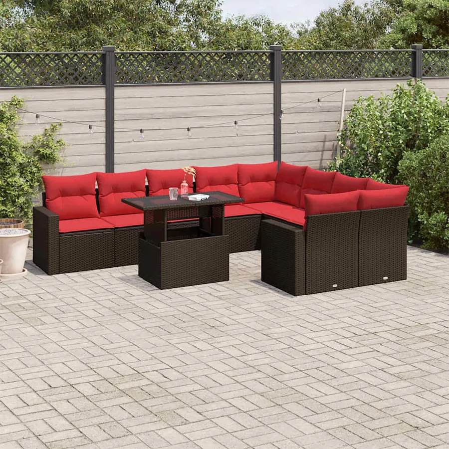 Ensemble de canapé de jardin 10 pcs avec coussins marron résine tressée