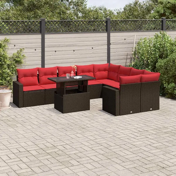 Ensemble de canapé de jardin 10 pcs avec coussins marron résine tressée