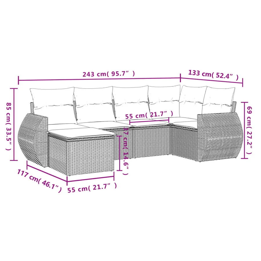 Ensemble de canapé de jardin 6 pcs avec coussins marron résine tressée - 8