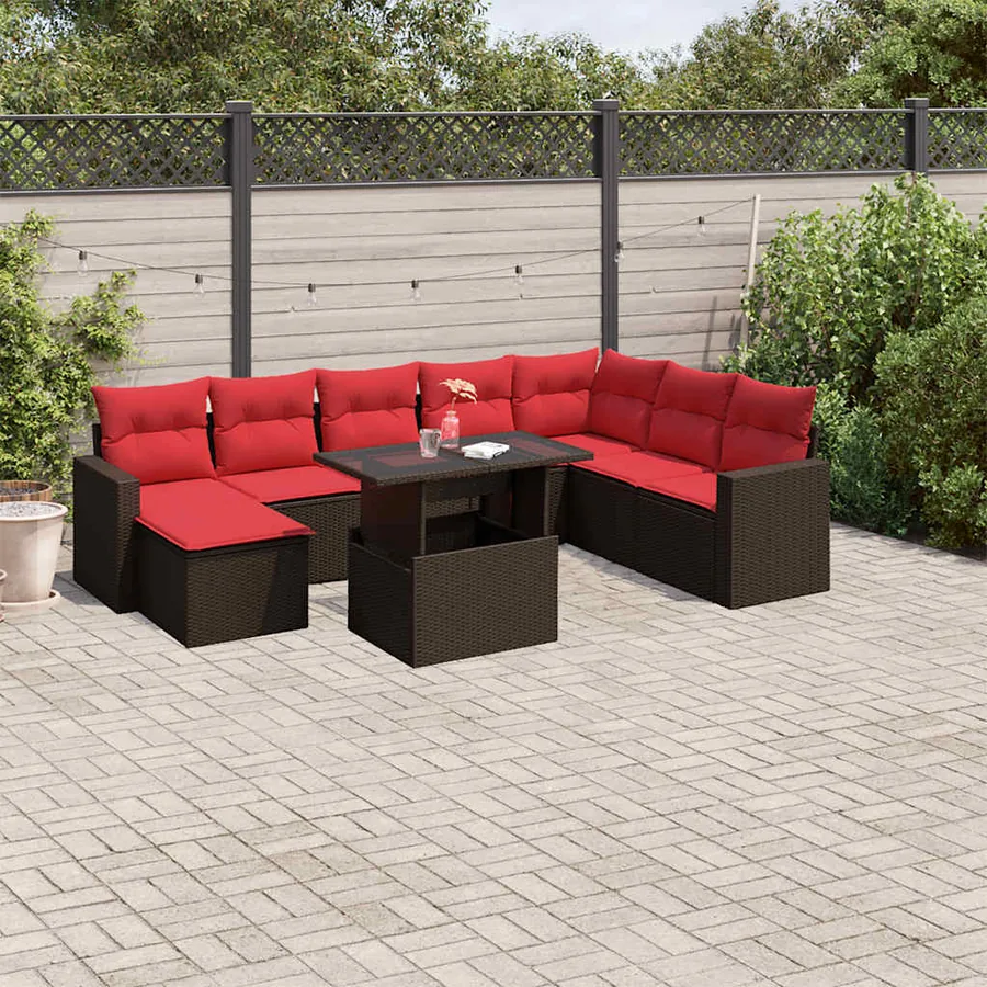 Ensemble de canapé de jardin 9 pcs avec coussins marron résine tressée