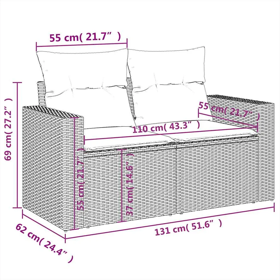 Ensemble de canapé de jardin 9 pcs avec coussins marron résine tressée - 13
