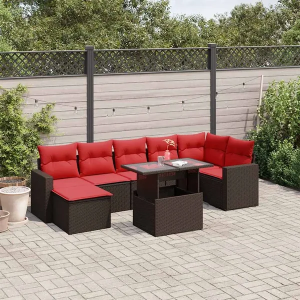 Ensemble de canapé de jardin 8 pcs avec coussins marron résine tressée