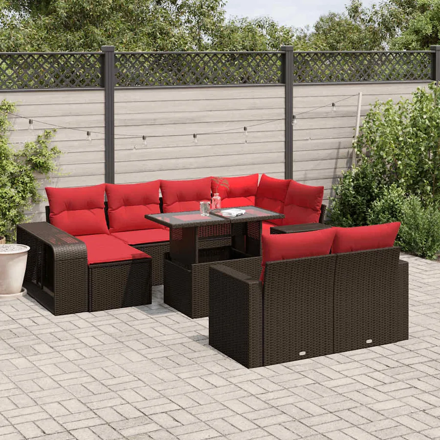 Ensemble de canapé de jardin 11 pcs avec coussins marron résine tressée