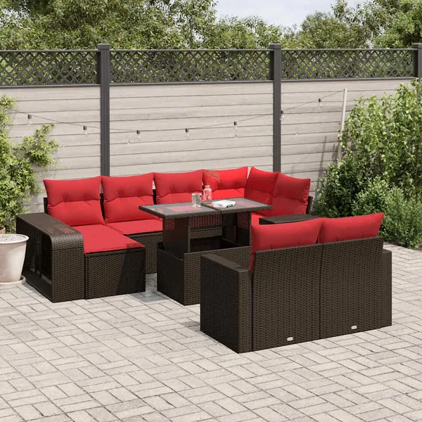 Ensemble de canapé de jardin 11 pcs avec coussins marron résine tressée