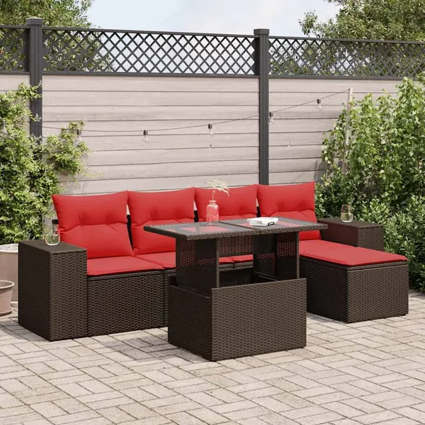 Salon de jardin avec coussins 6pcs marron résine tressée acacia