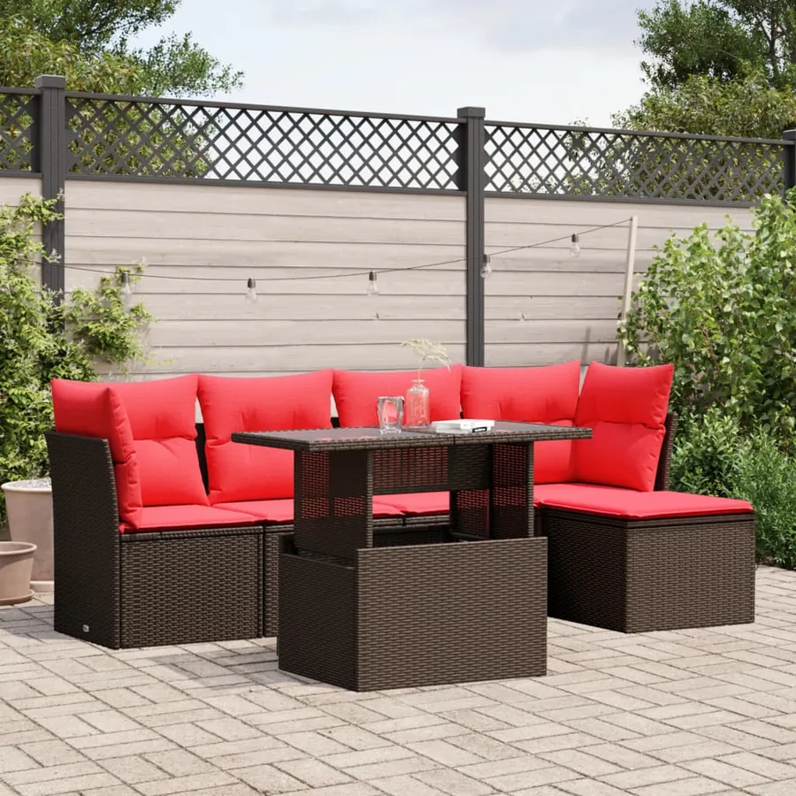 Ensemble de canapé de jardin 6 pcs avec coussins marron résine tressée