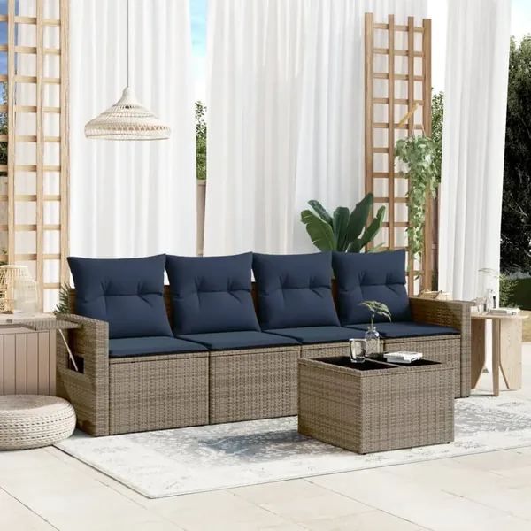 Ensemble de canapé de jardin 5 pcs avec coussins gris résine tressée