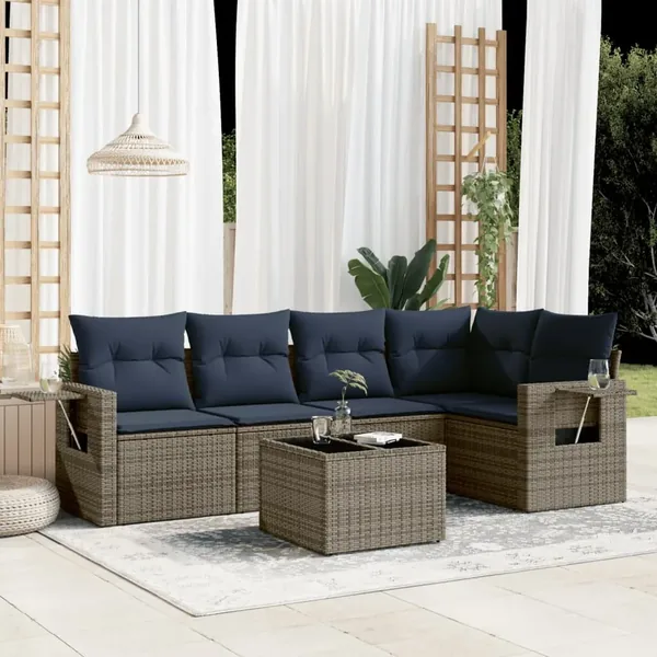 Ensemble de canapé de jardin 6 pcs avec coussins gris résine tressée