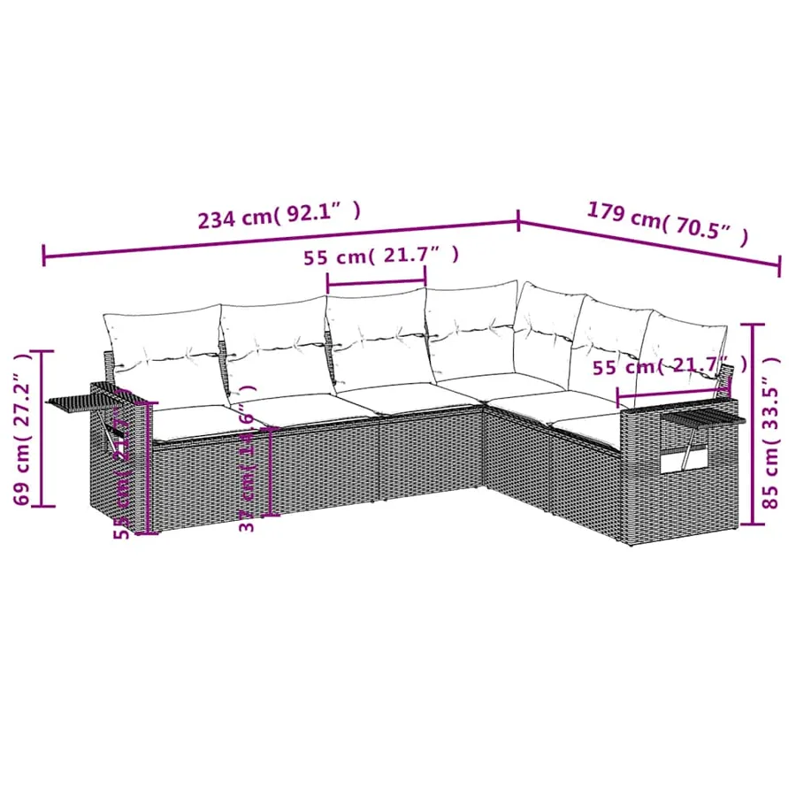Ensemble de canapé de jardin 6 pcs avec coussins gris résine tressée - 8