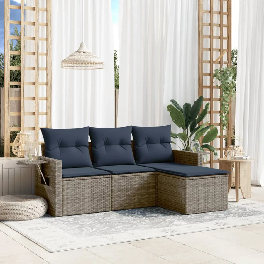 Ensemble de canapé de jardin 4 pcs avec coussins gris résine tressée