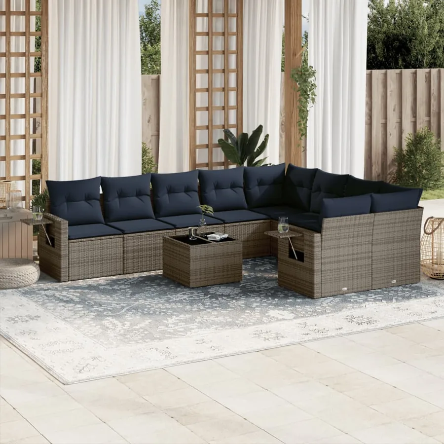 Ensemble de canapé de jardin 10 pcs avec coussins gris résine tressée