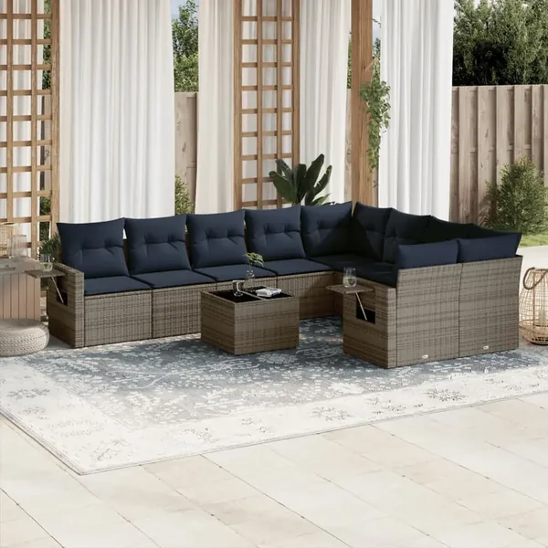 Ensemble de canapé de jardin 10 pcs avec coussins gris résine tressée
