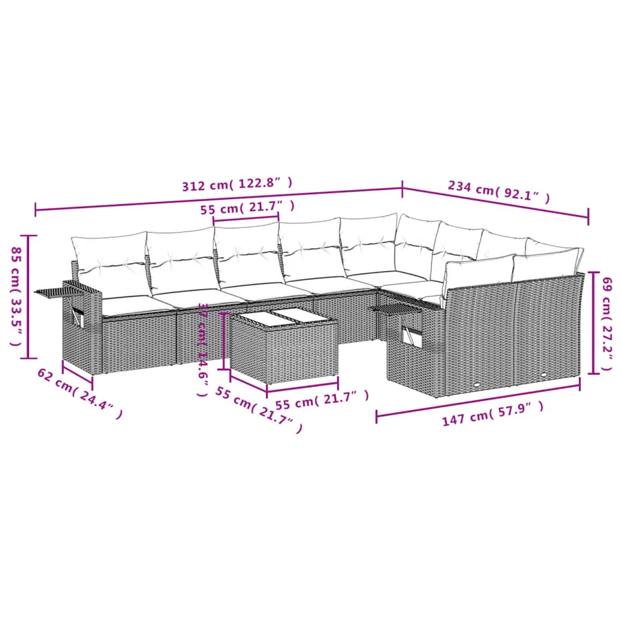 Ensemble de canapé de jardin 10 pcs avec coussins gris résine tressée - 9