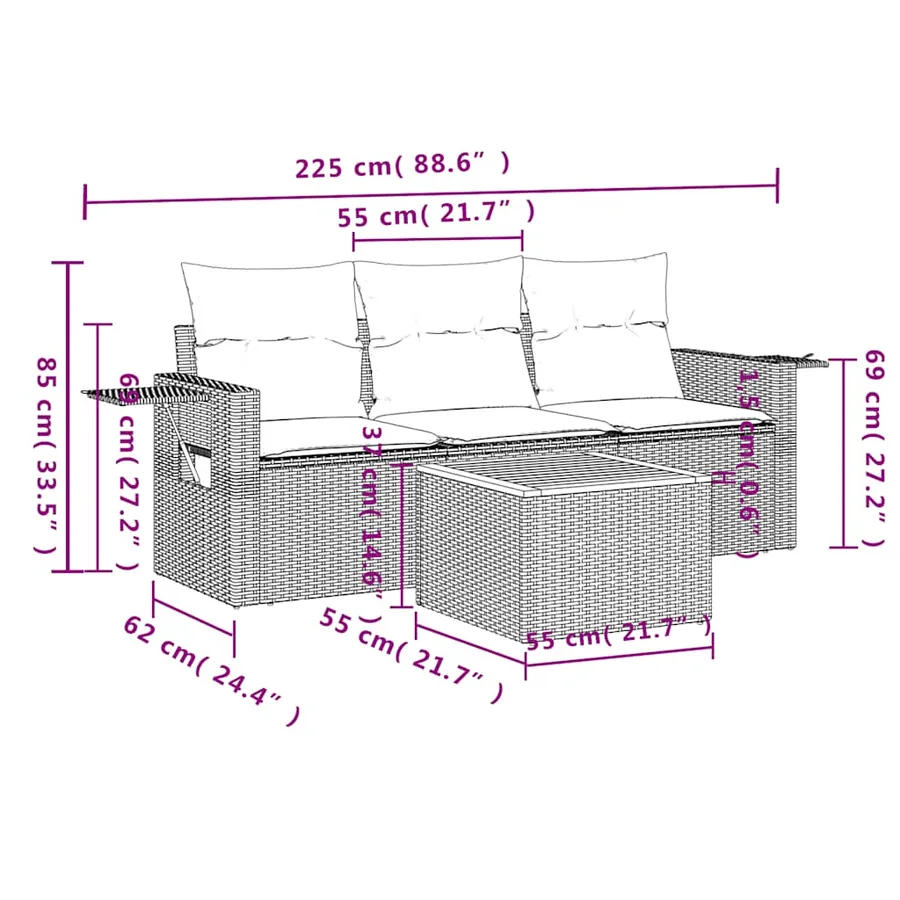 Ensemble de canapé de jardin 4 pcs avec coussins gris résine tressée - 8