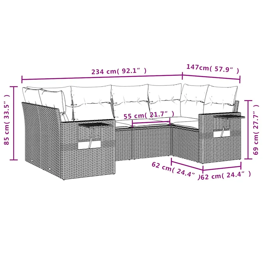Ensemble de canapé de jardin 6 pcs avec coussins gris résine tressée - 8