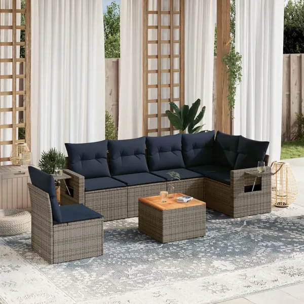 Ensemble de canapé de jardin 7 pcs avec coussins gris résine tressée
