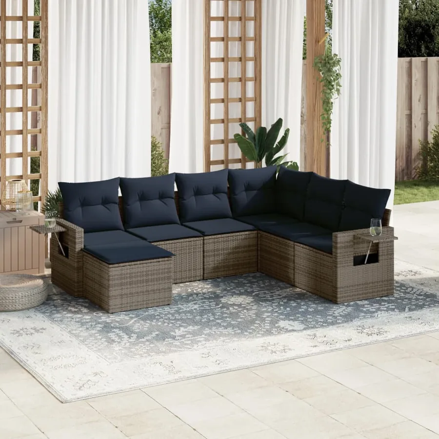 Ensemble de canapé de jardin 7 pcs avec coussins gris résine tressée