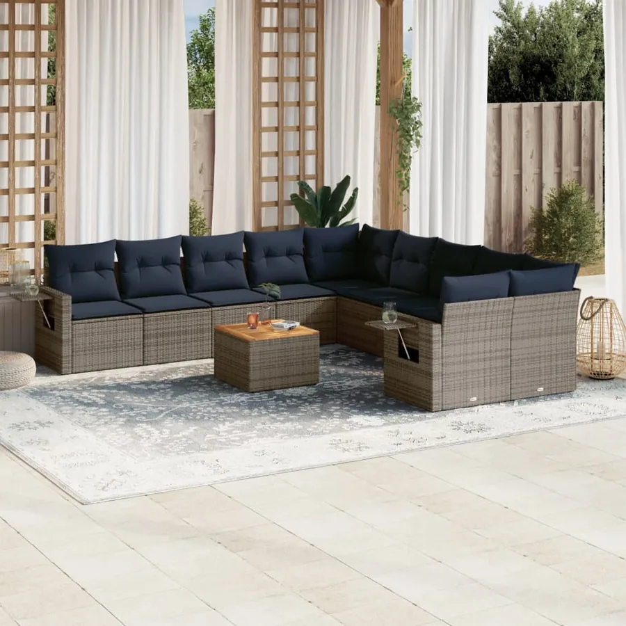 Ensemble de canapé de jardin 11 pcs avec coussins gris résine tressée