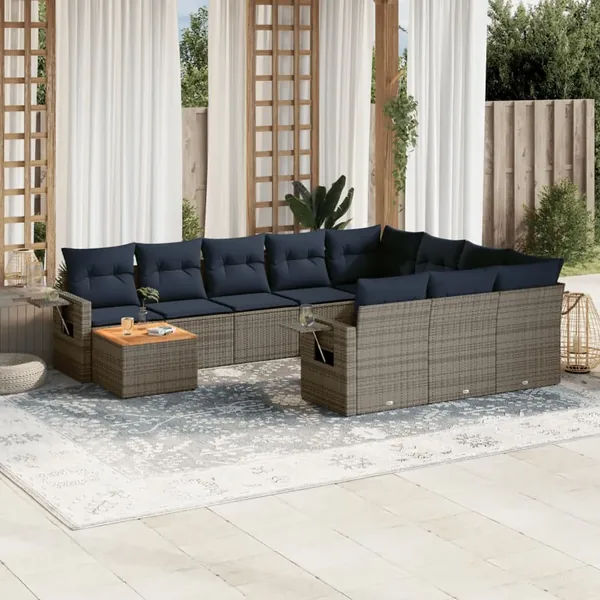 Ensemble de canapé de jardin 11 pcs avec coussins gris résine tressée